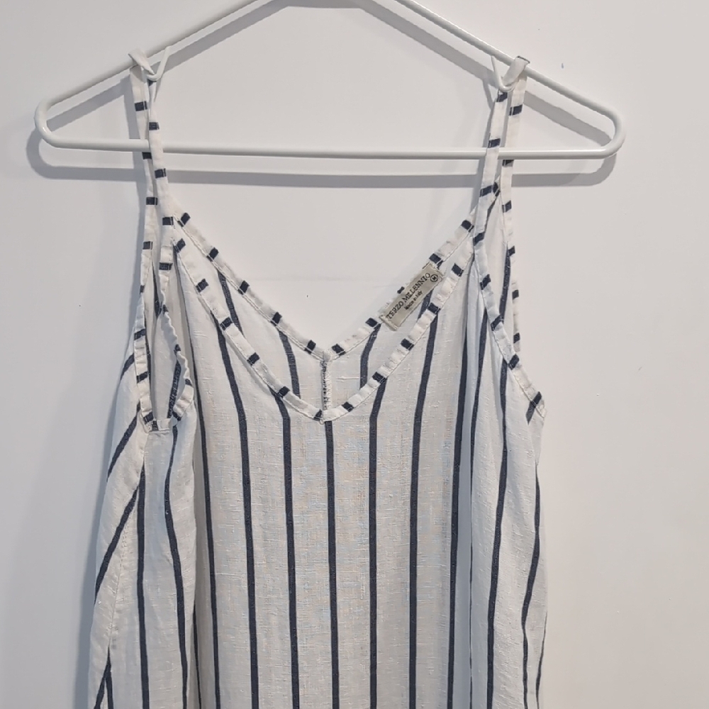 Terzo Millennio Italy Linen Striped Midi Dress Navy White Nautical Size Medium - Picture 3 of 5